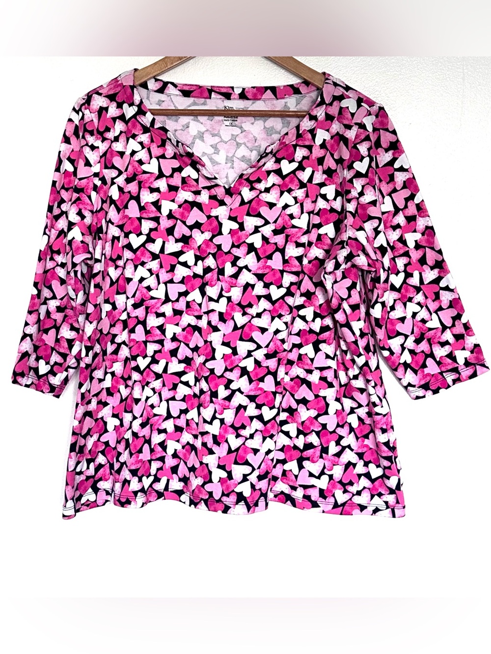 Kim Rogers Plus Shirt Women’s 1X Black Pink Hearts Cotton 3/4 Sleeve V Neck Top